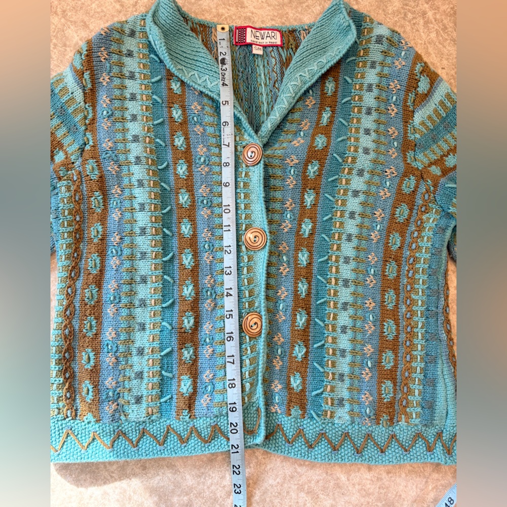 Green/blue cotton cardigan- hand knit in Nepal- size S/M - Picture 3 of 9